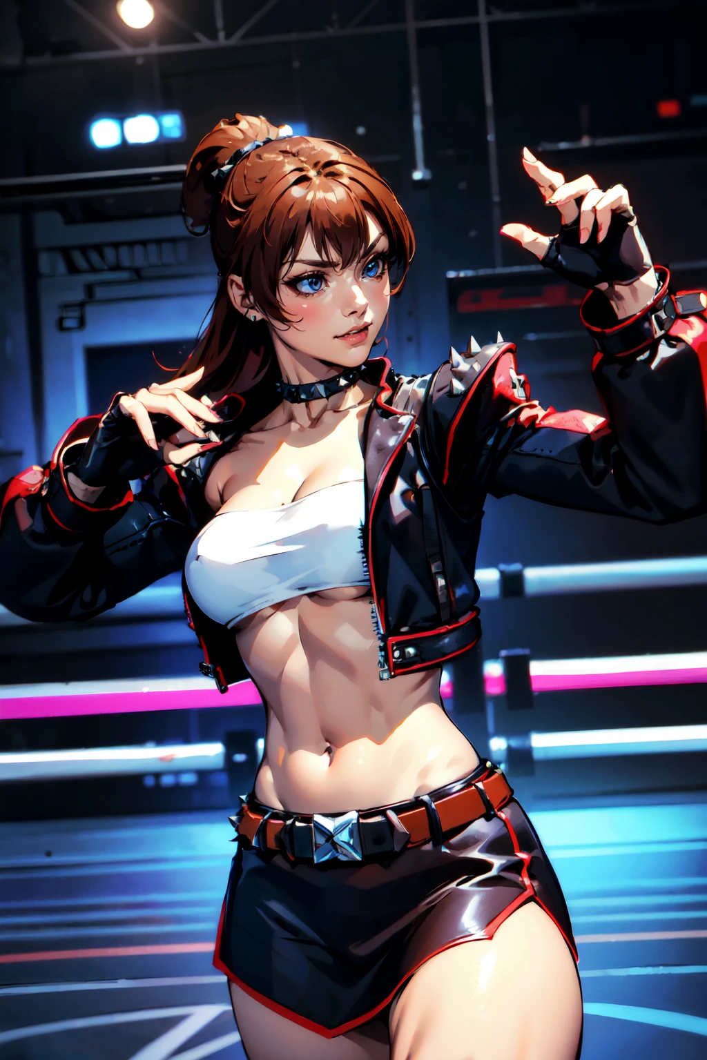 a woman jumping from a building. flying kick, dynmic pose, float midair, at night, thunder, beautiful eyes, beautiful girl, high detail skin, high detail eyes, high detail hair, highres, ultra detailed, sharpen picture, Highly detailed, masterpiece, best quality, photorealistic, dynamic fighting pose
 <lora:NagiLora:0.9> 1girl, long hair, open jacket, spikes on shoulder, strapless, bandeau, fingerless gloves with spikes on knuckles, midriff, belt, choker, underboob, miniskirt, boots with buckles