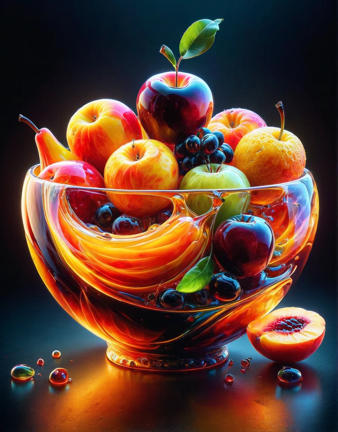 A classic still life painting of a fruit bowl, one piece of fruit transformed into ais-brknlvlmp. <lora:ais-brknlvlmp-sdxl:1>