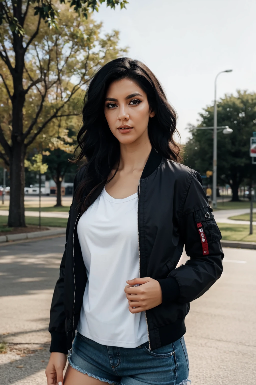<lora:mondongo_LoRA_StephanieBeatriz:1> mndngwmn, wearing jean shorts, black bomber jacket, on a park, (ultra realistic, 8k,high quality)