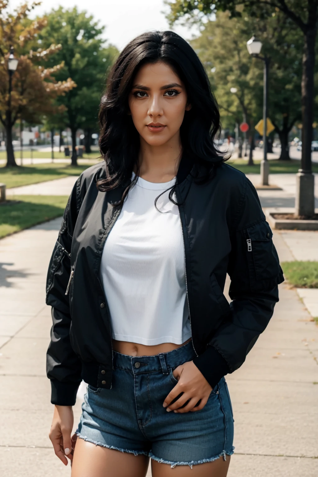 <lora:mondongo_LoRA_StephanieBeatriz:1> mndngwmn, wearing jean shorts, black bomber jacket, on a park, (ultra realistic, 8k,high quality)
