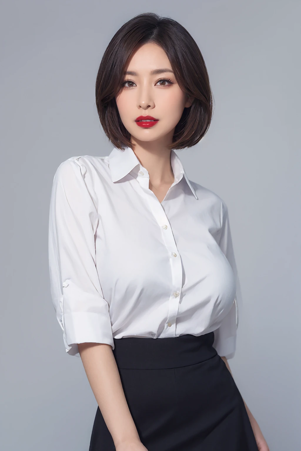 sakiokuda_jav, milf, ((mature woman)), large breasts, mature makeup, defined cheekbones, (black eyeshadow), eyelashes,  red lipstick, <lora:JAV_saki_okuda-000010:0.8>, short hair, center-parting,
detailed face, detailed eyes, attractive body, wearing blue collared blouse, black skirt,
dynamite lighting, view from front,
(ulzzang-6500:0.1), (ultimate quality, masterpiece, highres:1.0), (photorealistic, realistic:1.9), 
 <lora:mommyfy_V2:0.2>