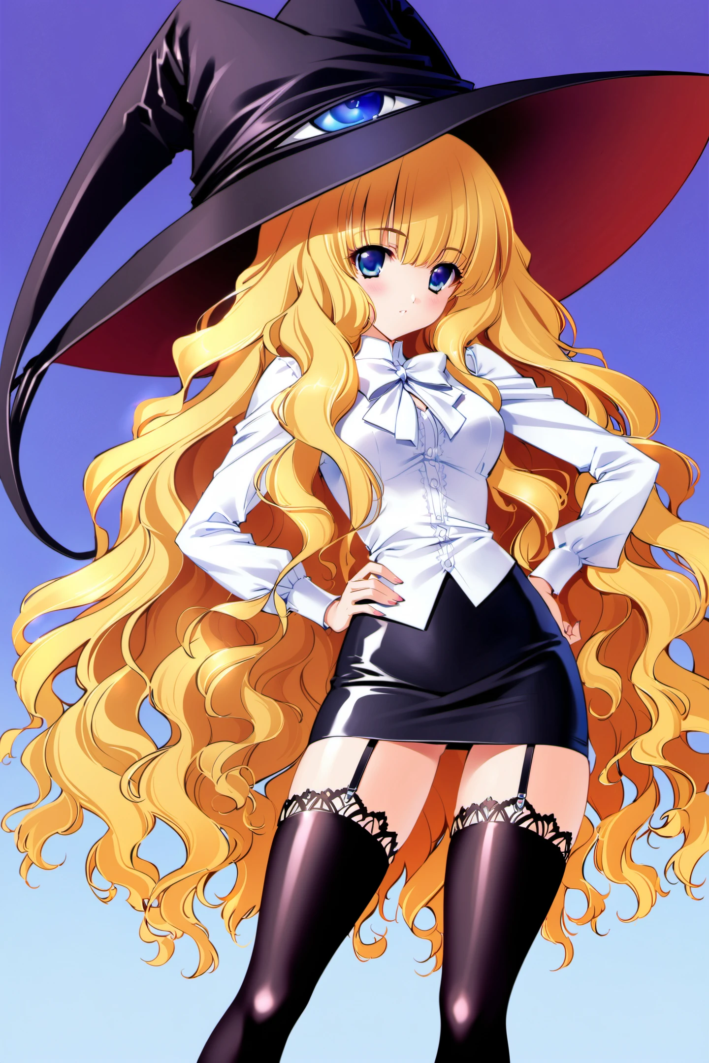 Lilith,1girl,solo,thighhighs,blonde hair,long hair,hat,witch hat,skirt,blue eyes,zettai ryouiki,garter straps,hand on hip,pencil skirt,miniskirt,wavy hair,black thighhighs,<lora:Carnelian_XL:0.8>,