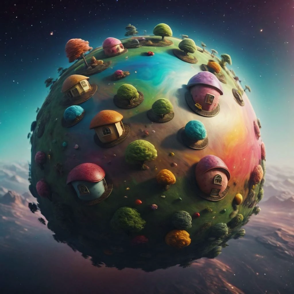 a floating colorful easter egg Planet in space, clear Open space, little trees and Houses from bunnies are visible on the Planets surface, Happy and colorful, 
,very detailed, raw photo, photorealistic, high detailed texture, 8k uhd, dslr, soft lighting, high quality, film grain, Fujifilm XT3, highly detailed photography, atmospheric haze, Film grain, cinematic film still, shallow depth of field, highly detailed, high budget, cinemascope, moody, epic, OverallDetail, gorgeous, 2000s vintage RAW photo, photorealistic, candid camera, color graded cinematic, eye catchlights, atmospheric lighting, skin pores, imperfections, natural, shallow dof