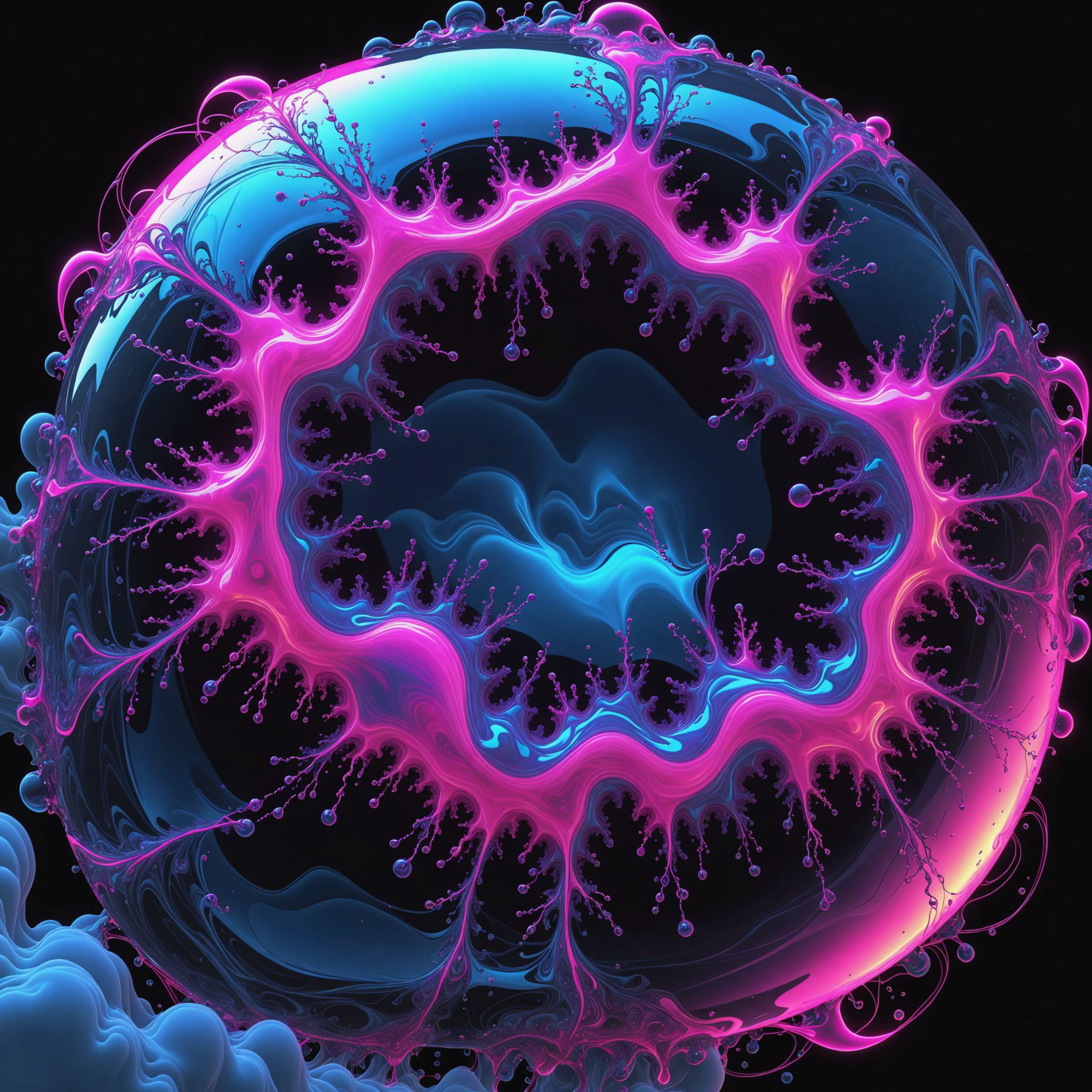 #disassambled 3d, slow motion, fitting screen, slowly droping from top to down, a vibrant fluo blue to fluo pink to fluo violet radial gradient #fractal smoky clouds [inside dripping soap vertical elipsoid bubble], glowing lightnings edges only wire, professional, ink in water,  centered spinning blackhole, soft lightning, 8k, ultradetailled,