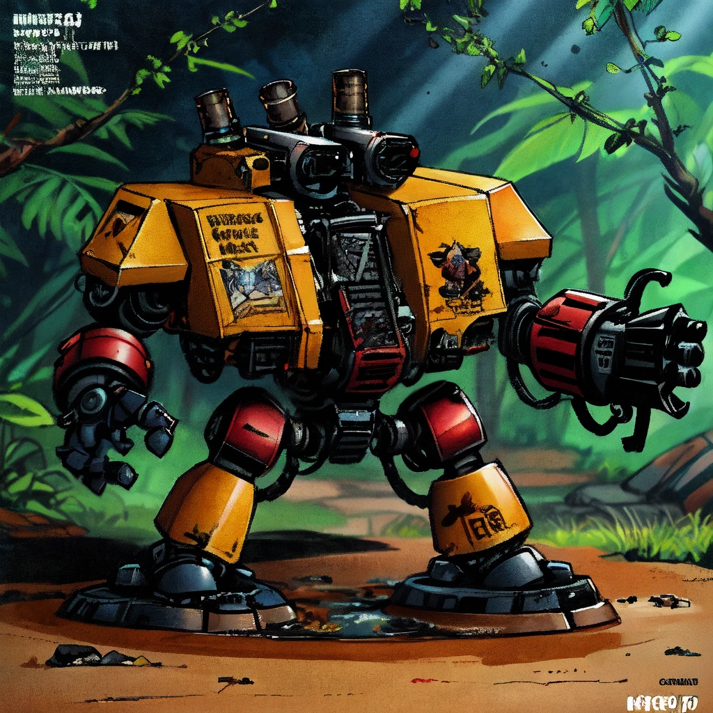 blue, drdnght, robot, science fiction, gun, missile pod, arm_cannon, flame_thrower, pulp_comic, heavy_lines, hand_drawn, hand_inked, hand_colored, jungle, vines, spines, spikes, mud, monsters,