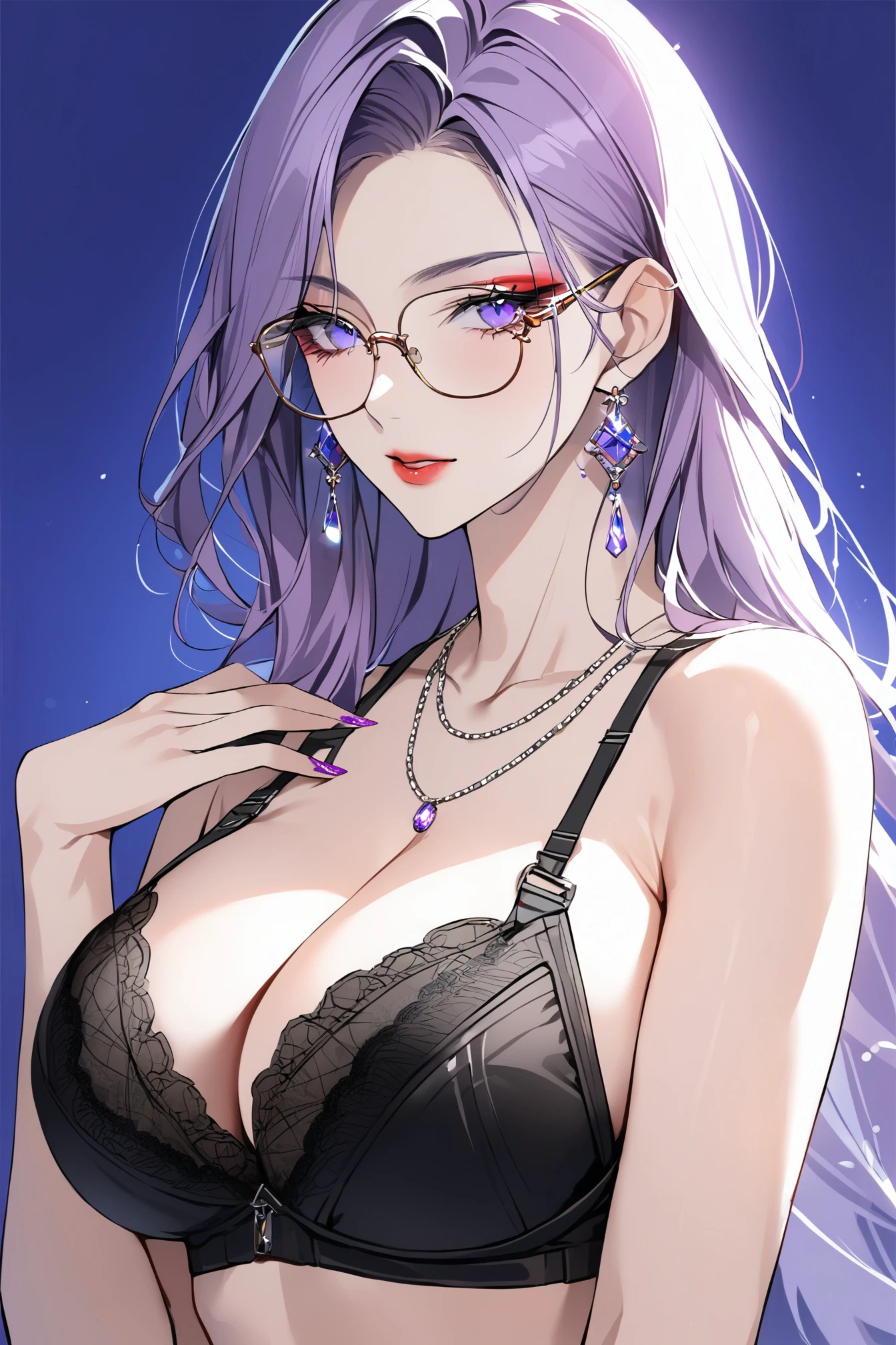1girl, black bra, blue background, blue eyes, bra, fashi-g, cleavage, earrings, glasses, hand on own chest, jewelry, large breasts, long hair, makeup, nail polish, necklace, purple eyes, solo, underwear, upper body