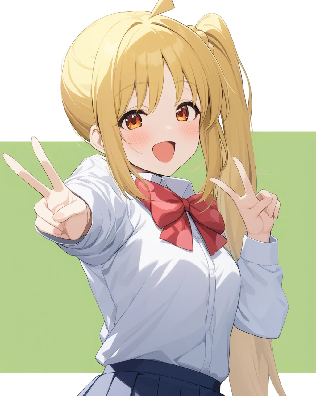 masterpiece,best quality,game cg,<lora:ijichi_nijika:1>,green_background, red_bow, bowtie, v, side_ponytail, smile, shimokitazawa_high_school_uniform, bow, 1girl, :d, white_shirt, white_background, solo, looking_at_viewer, bocchi_the_rock!, school_uniform, blush, long_sleeves, two-tone_background, skirt, pleated_skirt, sidelocks, happy, blue_skirt, ijichi_nijika, ahoge, shirt, open_mouth