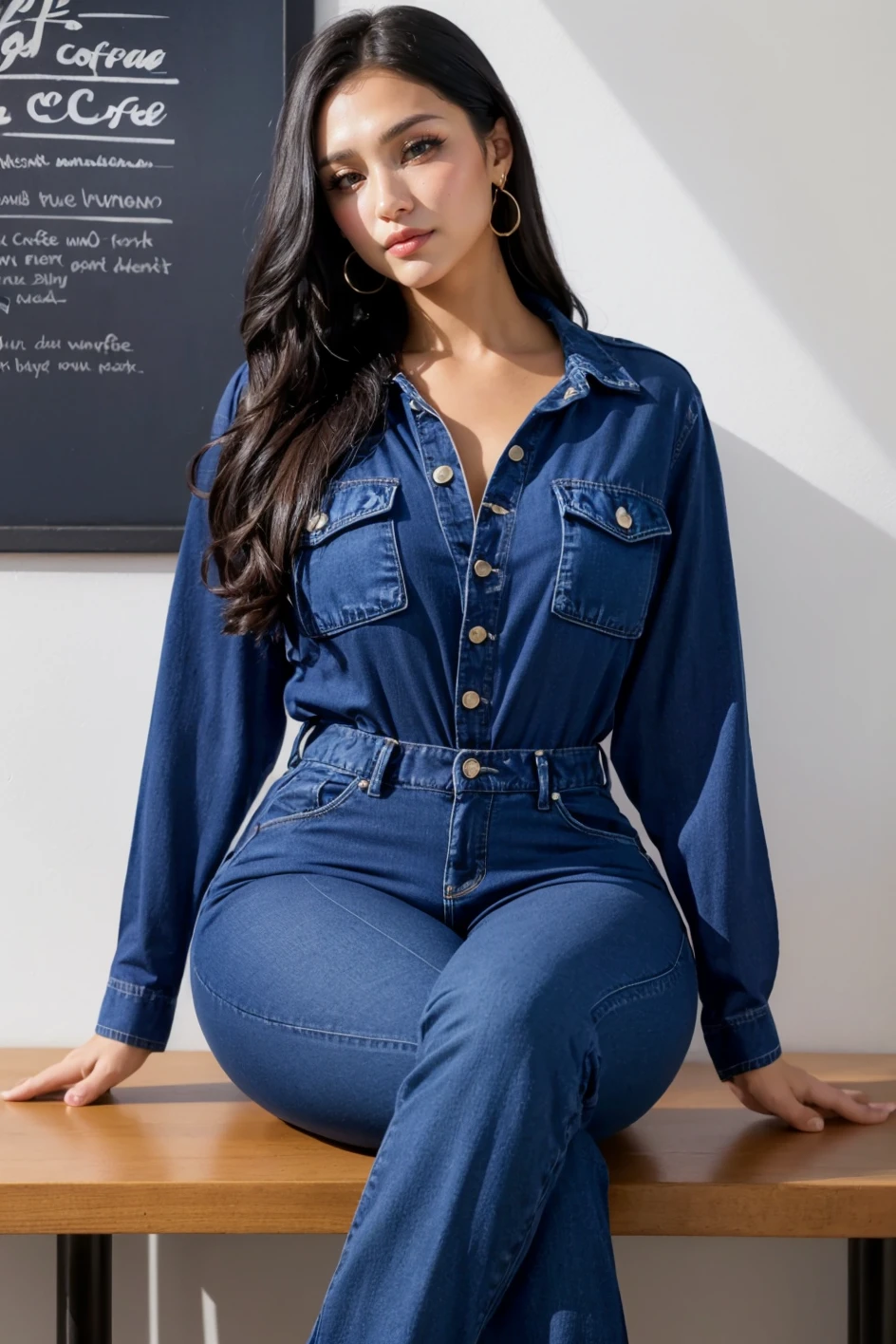 portrait, adult, woman, (long black hair),  js_1,  long sleeved button down dark blue denim jumpsuit, (sitting at a coffee shop:1.3), <lora:js_1-11:0.6>, earrings, high heels, cleavage