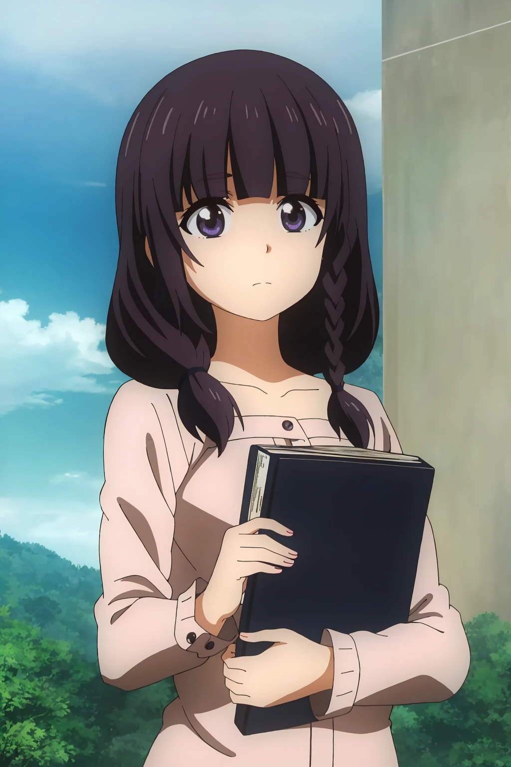 ((best quality)),((highly detailed)),masterpiece,absurdres,detailed face,beautiful face,(detailed eyes, deep eyes),1girl,((dynamic pose)) , <lora:animemix_v3_offset:0.8><lora:MayuV1:0.8>Mayu, solo, braid, purple eyes, purple hair, looking at viewer, long hair, book, holding, bangs, hair over shoulder, collarbone, long sleeves, blunt bangs, upper body, day, twin braids, single braid, casual, sky, closed mouth, frown, breasts, twintails, cloud, outdoors, shirt