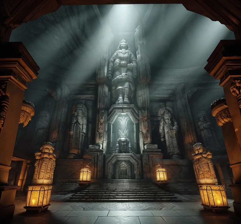 (masterpiece:1.2), (best quality,:1.2), 8k, HDR, ultra detailed, ((photorealistic)), professional light, cinematic lighting, fashion photography, ambient lighting, atmospheric effects, a large dwarven door, closed, elaborate and intricate design, magical lights, dwarven columns, huge dwarven statues on either side, DwaRe, <lora:DwarvenRealms-10:1>,  in the style of Tolkien, Middle Earth, Moria, epiCPhoto