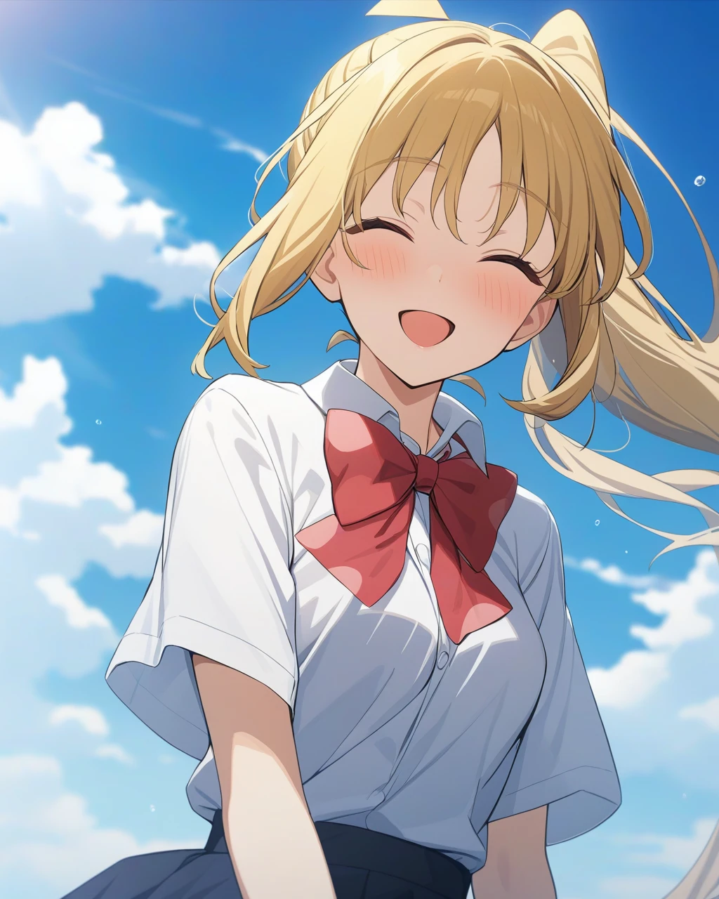 masterpiece,best quality,game cg,<lora:ijichi_nijika:1>,red_bow,bowtie,smile,bow,1girl,blue_sky,wind,white_shirt,solo,sky,bocchi_the_rock!,red_bowtie,summer,cloud,ijichi_nijika,shirt,