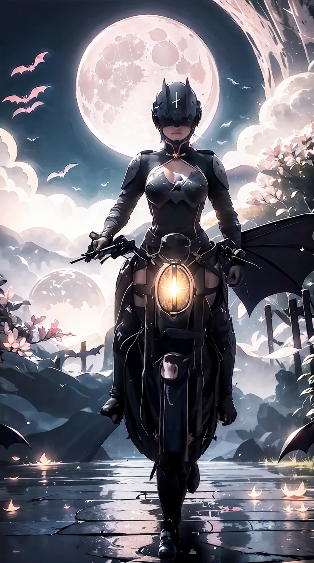 <lora:jmai_20240222022444-0000010:0.8>,a girl appeared at the front,helmet,there is yellow light in the middle of the helmet,full_body,armor,
(((Visual impact,flying shadow))),((((flying bats, bats shadow,grow pink moon)))),((round frame:1.3)),full moon,(City of night,in street),(lamp),(large gate:1.3),