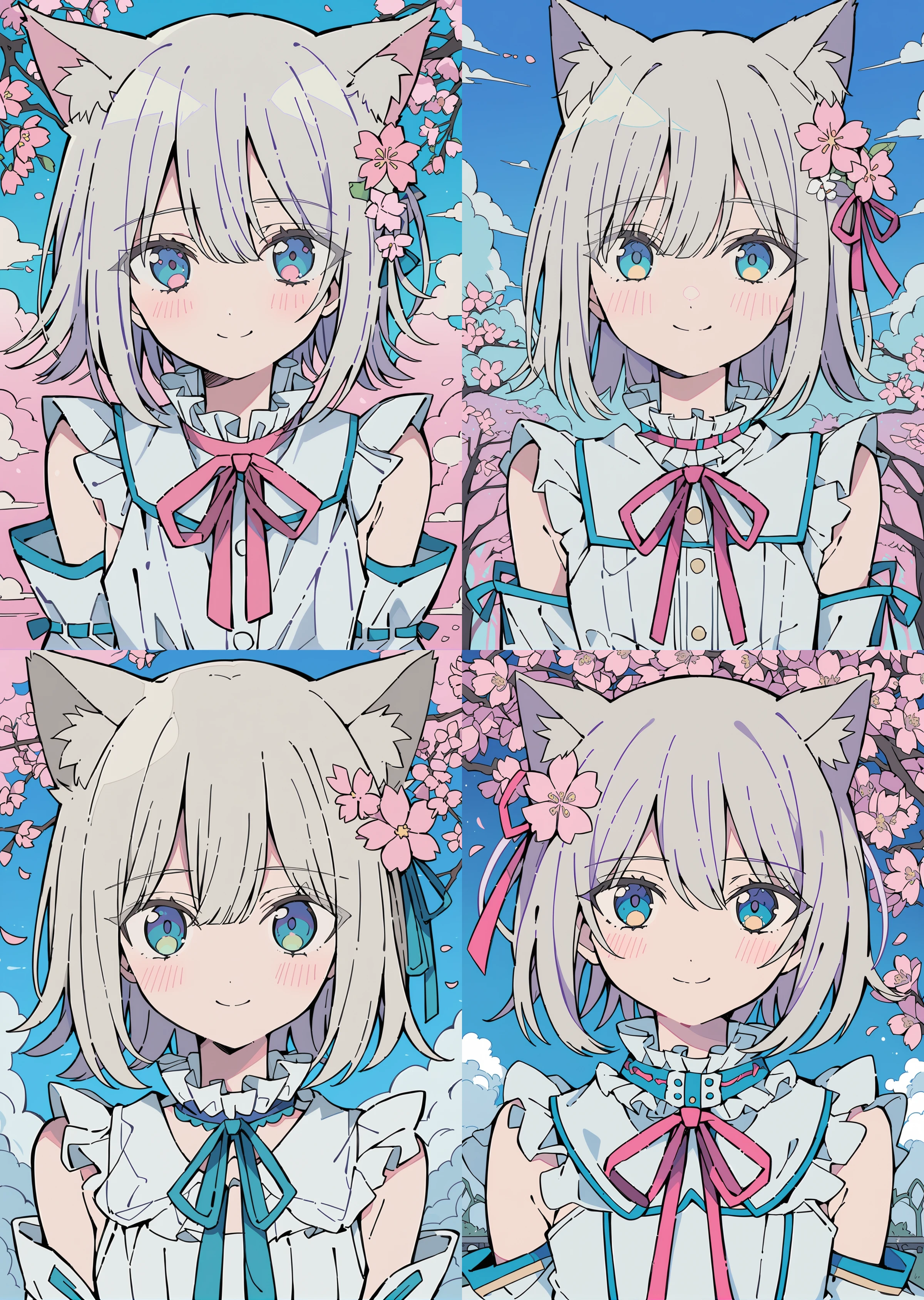 flat color, 1girl,cat ears,animal ear fluff,blue eyes,short hair,grey hair,bangs,hair between eyes,eyebrows visible through hair,flat chest,white dress,looking at viewer,under the cherry blossoms tree,sky,cloud,upper_body, jewelry, fur trim, jacket, simple background, collar, upper body, long hair, collarbone, open mouth, long sleeves, bangs, sleeves past wrists, fingernails, zipper, white background, hands up, piercing, teeth, grey background, multicolored hair, fur-trimmed jacket, black collar, ringed eyes <lora:CoolFlatColor-000017:0.9>