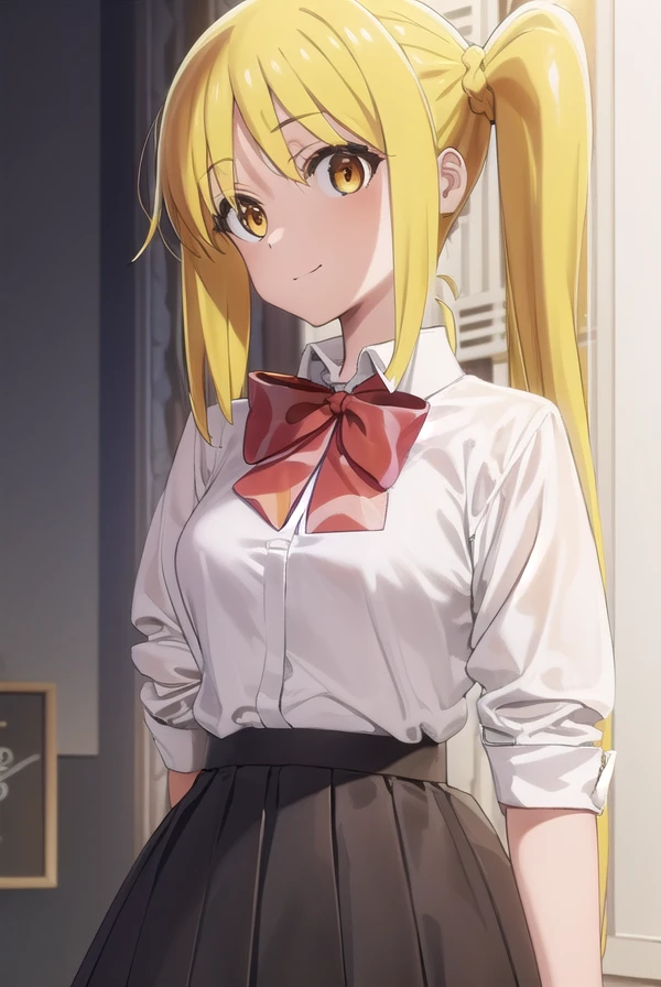 nijikaijichi, <lora:nijika ijichi s1-lora-nochekaiser:1>,
nijika ijichi, ahoge, (yellow hair:1.5), (brown eyes:1.5), long hair, side ponytail, smile,
BREAK (black skirt:1.5), bow, bowtie, collared shirt, pleated skirt, polka dot, polka dot bow, red bow, (red bowtie:1.5), red footwear, shirt, shoes, short sleeves, skirt, socks, (white shirt:1.5), white socks,
BREAK indoors, classroom,
BREAK looking at viewer, (cowboy shot:1.5),
BREAK <lyco:GoodHands-beta2:1>, (masterpiece:1.2), best quality, high resolution, unity 8k wallpaper, (illustration:0.8), (beautiful detailed eyes:1.6), extremely detailed face, perfect lighting, extremely detailed CG, (perfect hands, perfect anatomy),
