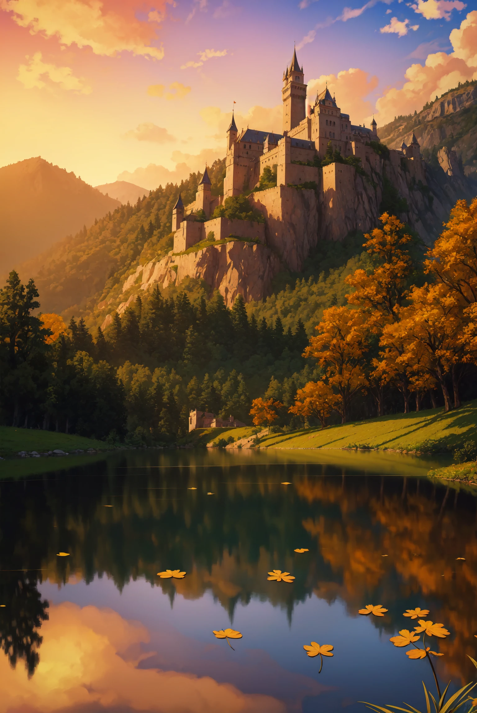 masterpiece,best quality,highres,original,game cg,illustration,
((scenery,a european castle on a hill by a lake)),trees,summer leaves,mountains in far background,yellow color,red color,sunset,
((painterly,depth of field)),fine details,authentic,photorealistic,wide shot,medium shot,
sharp,outline,cinematic lighting,fantasy,baroque,impressionism,
<lora:add_detail:0.3>,