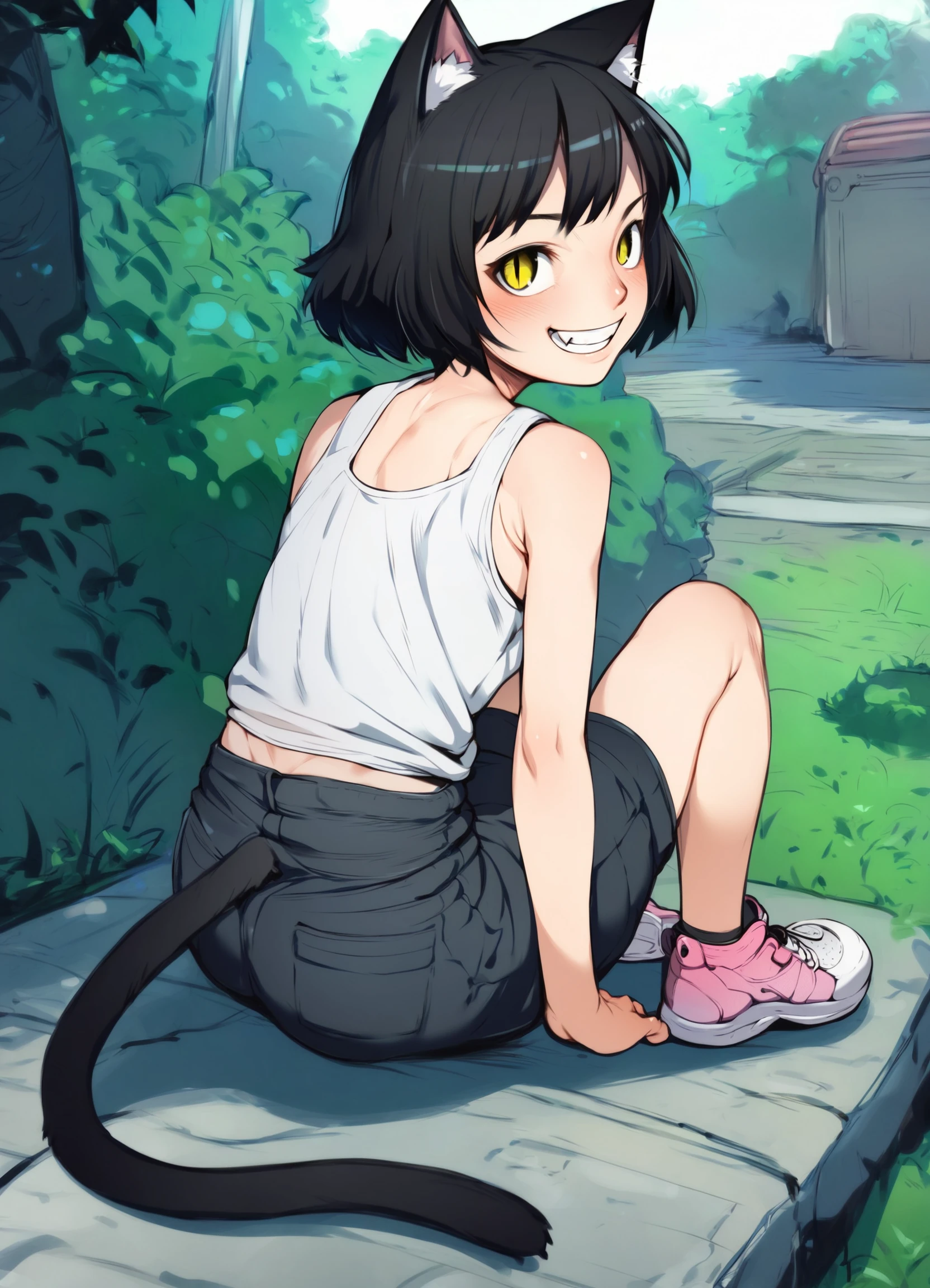 score_9, score_8_up, score_7_up, score_6_up, j7w_style BREAK
1girl, solo, looking at viewer, blush, smile, short hair, black hair, sitting, yellow eyes, shorts, looking back, cat ears, grin, fang, cat tail, tank top, sneakers, slit pupils, outdoors,
<lora:j7w_pdxl2:1>