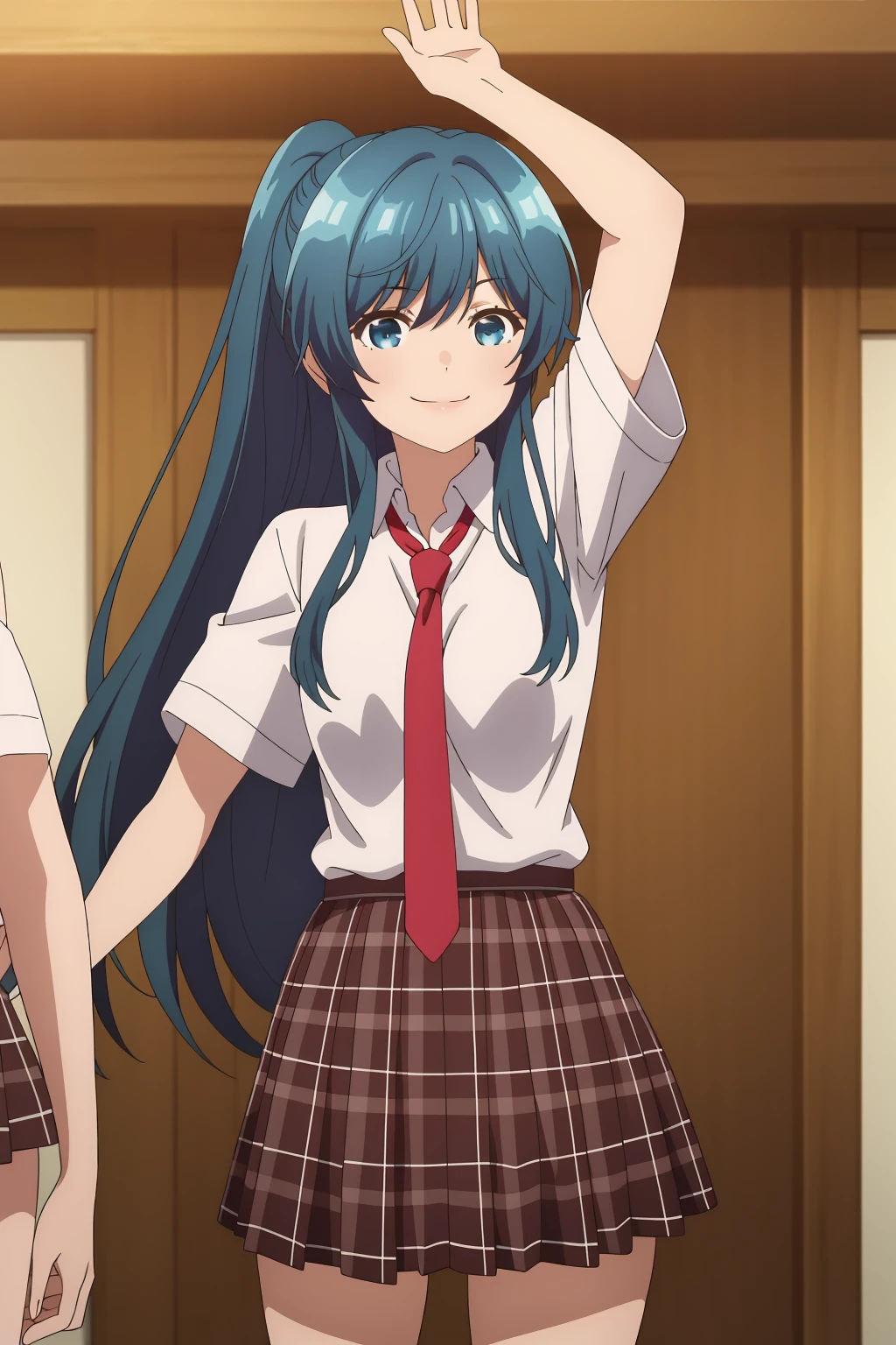 ((best quality)),((highly detailed)),masterpiece,absurdres,detailed face,beautiful face,(detailed eyes, deep eyes),1girl,((dynamic pose)) , <lora:minamiV1:0.8>Minami, skirt, necktie, blue hair, school uniform, long hair, red necktie, blue eyes, shirt, ponytail, plaid, white shirt, plaid skirt, holding, short sleeves, bangs, smile, pleated skirt, collared shirt, solo, solo focus, indoors, sidelocks, closed mouth, hair between eyes, brown skirt, standing, cowboy shot, very long hair