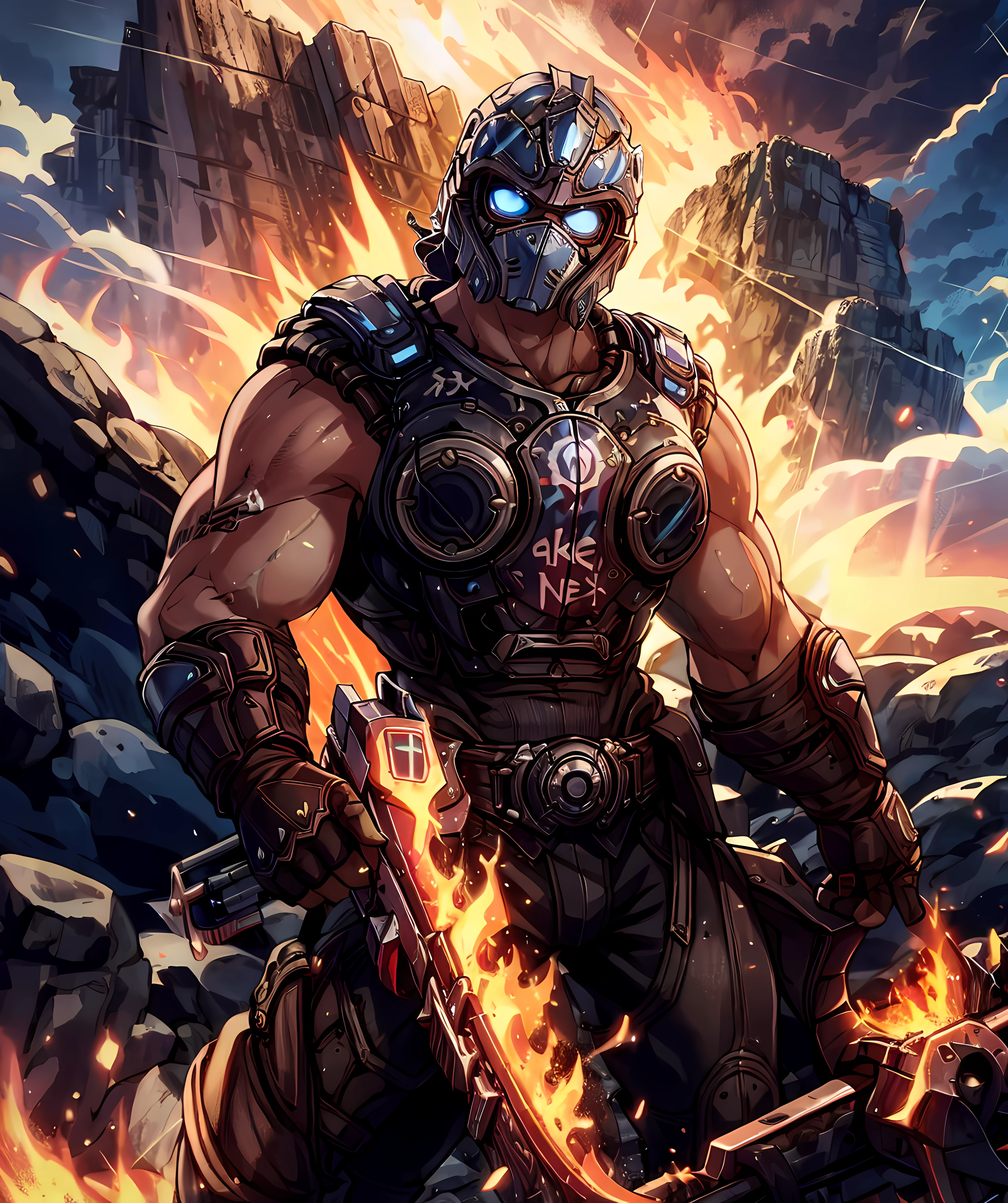clayton_carmine, looking at viewer, dramatic, mountain, fire, lighting, thunder, lava, (muscular:1.2), armor, holding weapon <lora:Clayton_Carmine:0.8>