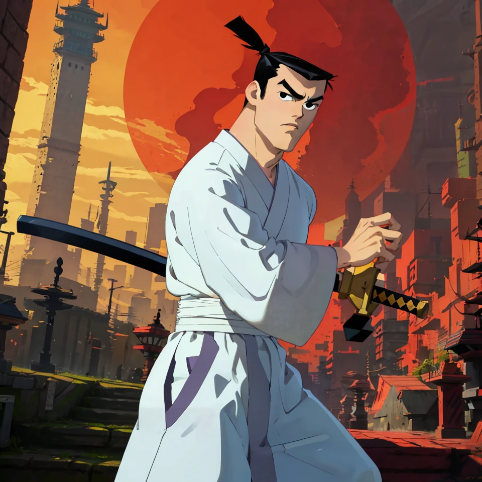 (1 image only),  solo male,  Samurai Jack,  Cartoon Network style,  Asian,  Japanese,  black hair,  topknot,  black eyes,  geta,  white kimono,  white sashes,  wide sleeves,  mature,  handsome,  charming,  alluring,  uperfect anatomy,  perfect proportions,  (best quality,  masterpiece),  perfect hands,  high_resolution,  dutch angle,  cowboy shot,  fine art,  (2d,  flat),  (single placket),  fighting_stance,  holding sword, battoujutsu,<lora:EMS-278047-EMS:0.800000>,<lora:EMS-301679-EMS:0.700000>