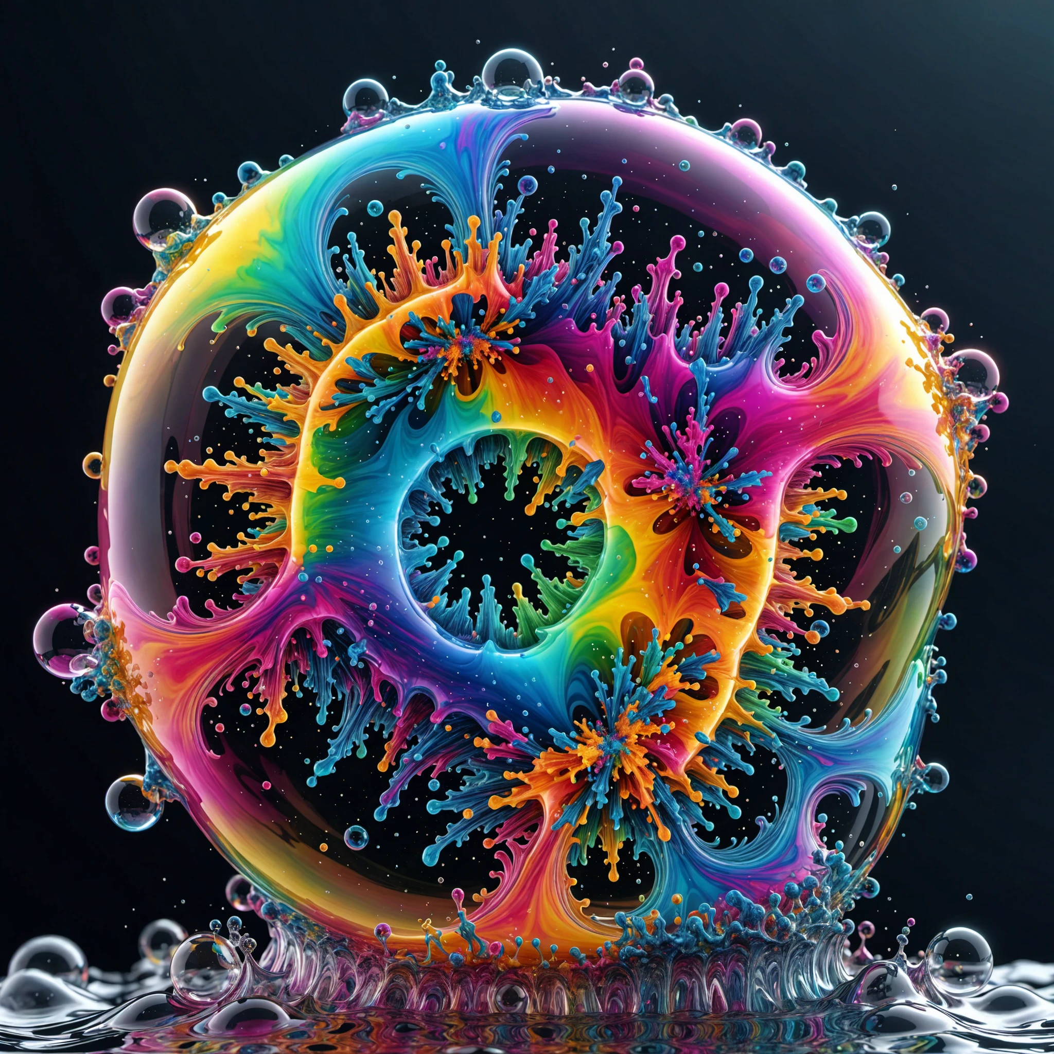 bullet time effect, slow motion, a vibrant rainbow supernova fractal edges only torus spherical inside soap bubble breaking explosion deep sub, #disassambled 3d professional, ink in water, visual FX, centered, soft lightning, 8k, ultradetailled, <lora:add-detail-xl:1>