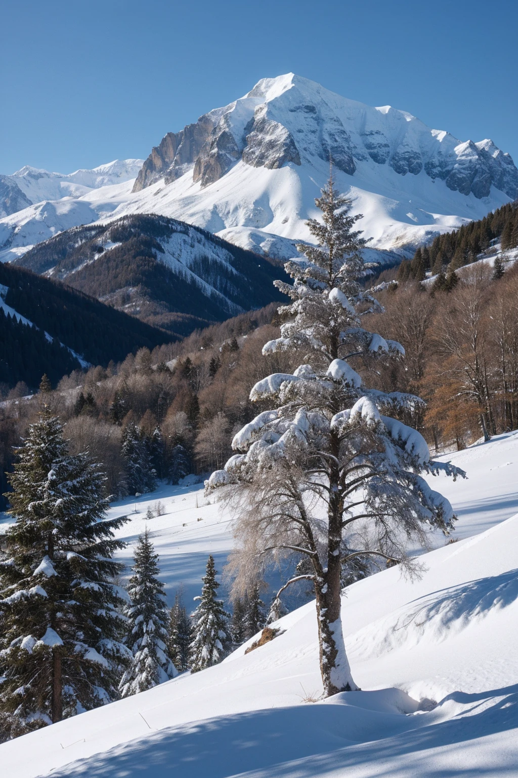 Tree and snowy mountain and noon sunlight and low angle.