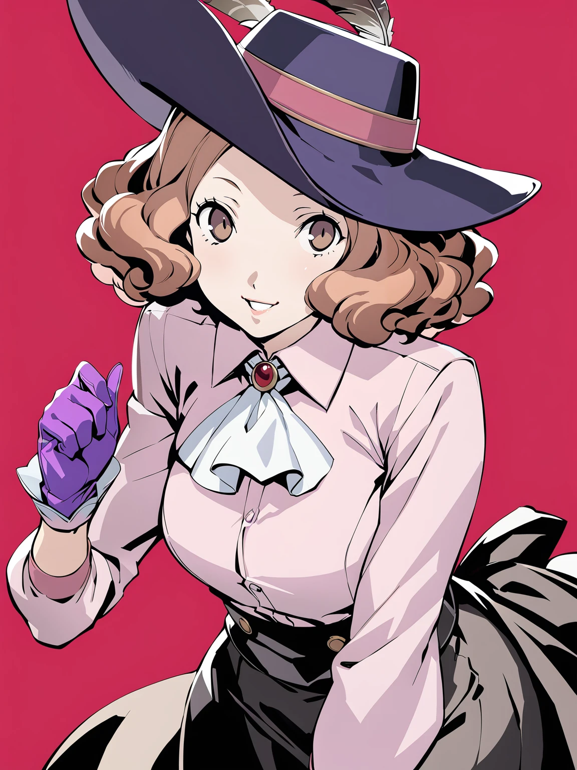 okumura haru, 1girl, hat feather, hat, gloves, brown hair, solo, smile, ascot, red background, brown eyes, short hair, purple gloves, feathers, pink shirt, simple background, looking at viewer, masterpiece, best quality