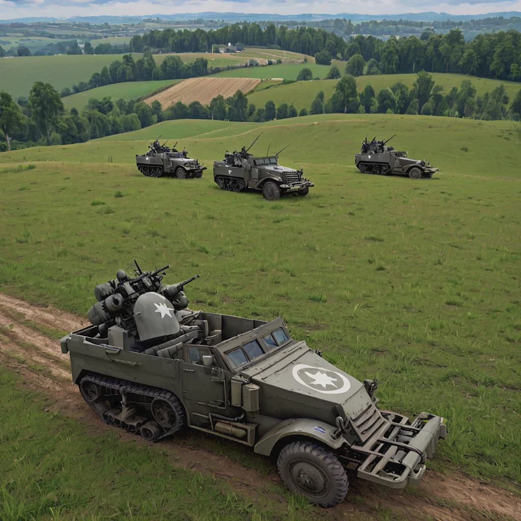 An m16mtchppr halftrack stands vigilant atop a rolling hill, its quad .50 caliber machine guns at the ready, as it escorts a convoy of supply trucks through the lush countryside of France. The air is tense with the possibility of enemy aircraft, the MGMC's crew scanning the skies for any threat, apxlz