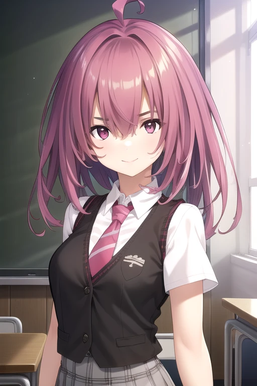 ((masterpiece)),(best quality),official art,extremely detailed CG,unity 8k wallpaper,ultra detailed,beautiful detailed eyes,extremely detailed face,classroom,1girl,solo,upper body,(portrait:1.5),looking at viewer,facing viewer,smile,Hibikino Yukari(hscweys),ahoge,very long hair,pink hair,hair between eyes,pink eyes,black vest,red necktie,dress shirt,white shirt,collared shirt,short sleeves,medium breasts,miniskirt,white skirt,pleated skirt,plaid skirt,striped skirt,black socks,loafers,<lora:Hibikino Yukari(hscweys)>,