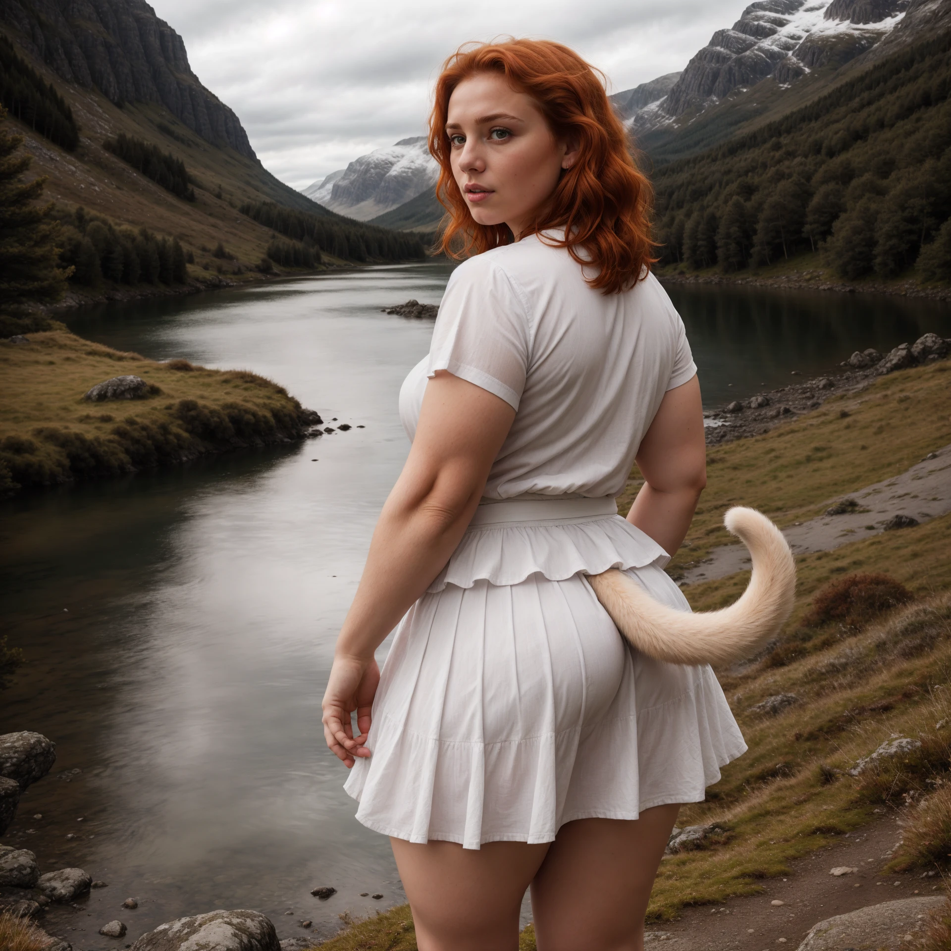 RAW photo, photo of a chubby scottish woman, ginger hair, skirt, white shirt, hairless tail poking out from under her skirt, standing in the highlands, stormy day, overlooking a lake, breathtaking scenery, (photorealistic, ultradetailed:1.3), 8k uhd, dslr, soft lighting, high quality, film grain, Fujifilm XT3