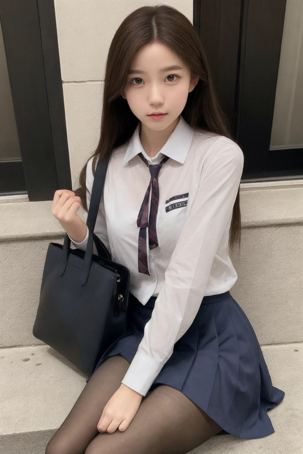 masterpiece, high quality,1girl, upper body, pantyhose, school uniform, sitting, handbag,brown hair,
<lora:zhizhia_v1-000007:0.68>