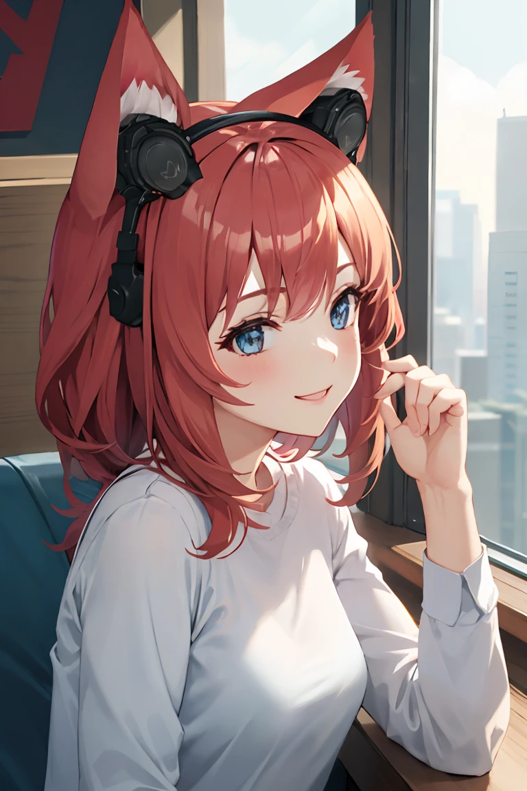 solo, masterpiece, 4k,best quality,highly detailed,mature female,animal ears,headphones-for-animal-ears, <lora:Headphones for animal ears:1>, smile, shirt,sitting, portrait, from side, cat ears,headphones