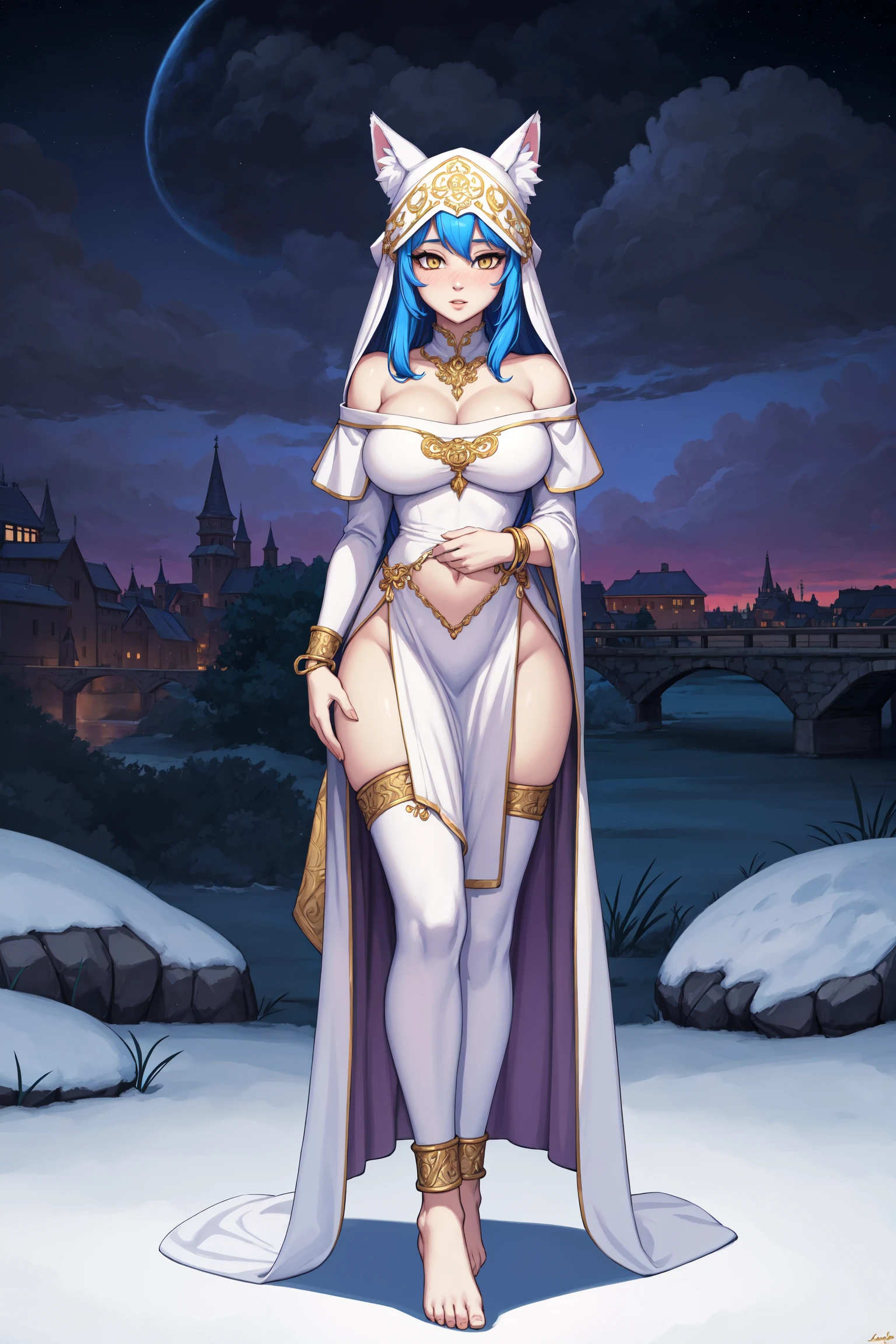 masterpiece,best quality,highres,original,game cg,illustration,(oil painting \(medium\)),
((full body, 1girl as priestess kemonomimi fox girl with blue fox ears and fox tail and blue tail and hime cut and blue hair)) and (detailed yellow eyes) and glossy eyes,
(at night outdoors with medieval city russian city in far background, snowing),stars,
(painterly,cel shading,depth of field),fine details,authentic,photorealistic,((nsfw)),
(solo, female focus, solo focus),face focus,
((she wears ornate head veil and off shoulder priestess white robe and pelvic curtain and anklet and filigree)) and bracelet and lace thighhighs and barefoot and lace trim,
(looking at viewer, blushing, calm, innocent, elegant),parted lips,bursting breasts,
upright,legs apart,standing,
sharp,outline,cinematic lighting,fantasy,baroque,
<lora:add_detail:0.3>,