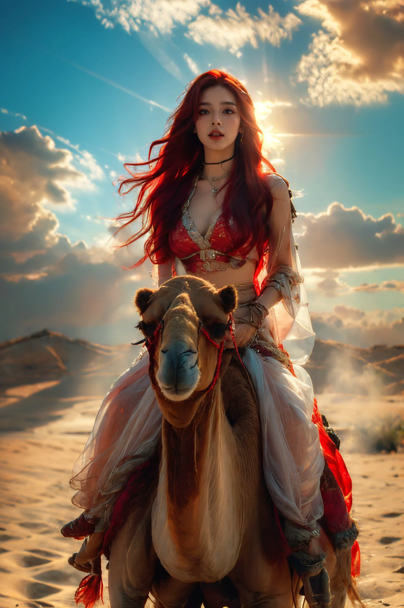 (Shuar riding a camel:0.9),One girl,cloud,null,water,Outdoor,Holding,alone,reflection,Day,cloudy null,necklace,Realistic,jewelry,
Moderate_chest,Glowing Skin,crescent choker,Sunburst,(Bridal Veil:1.1),desert,Arabian clothing,Cinema Lighting,(Transparent clothes:1.4),
(Redhead:1.4),