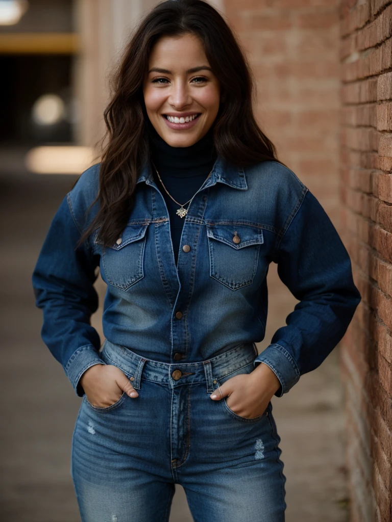 A beautiful s4r4hs woman, 1girl,solo,long hair,breasts,looking at viewer,smile,brown hair,shirt,long sleeves,jewelry,cowboy shot,teeth,pants,necklace,grin,english text,black shirt,turtleneck,cover,denim,red background,hands on hips,jeans,realistic,magazine cover,soft lighting, professional Photography, Photorealistic, detailed, RAW, analog, sharp focus, 8k, HD, high quality, masterpiece<lora:s4r4hs:1.0>