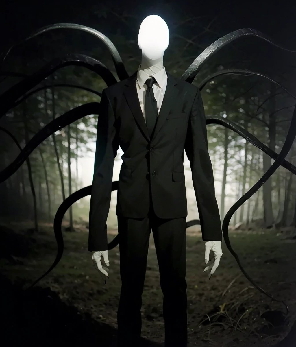 HDR,UHD,8K,best quality,masterpiece,Highly detailed,ultra-fine painting,sharp focus,extreme detail description,Professional,black background,forest,1boy,solo,standing,full body,<lora:Role_slender_man_v1.0:0.75>,slender man,faceless,long arms,long legs,sharp fingernails,black suit,black_ascot,monster,no humans,black tentacles extend from behind,body horror,dark,horror \(theme\),glitch,VHS,distortion,