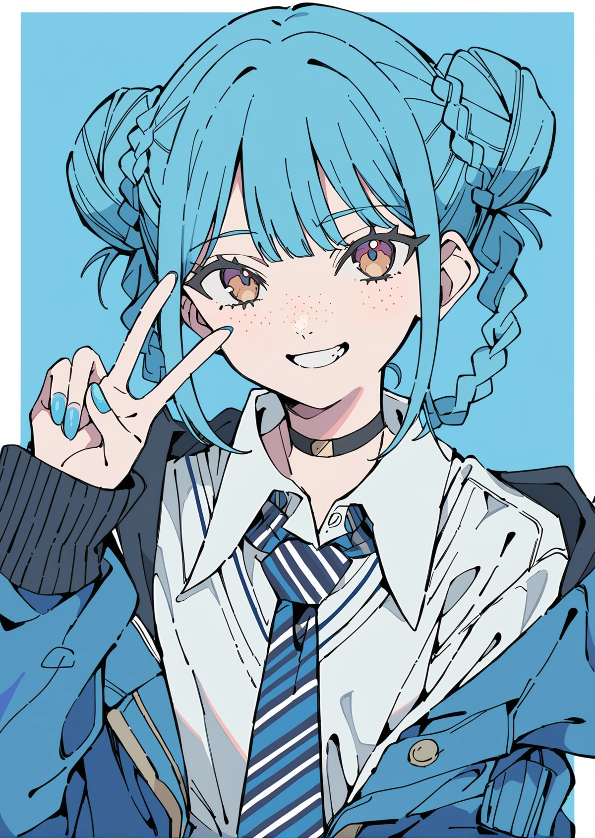 flat color, 1girl, solo, necktie, double bun, v, smile, jacket, choker, braid, hair bun, looking at viewer, shirt, simple background, upper body, blue background, nail polish, blue nails, collared shirt, brown eyes, bangs, blue necktie, black choker, white shirt, blue hair, freckles, grin, striped necktie, long sleeves, open jacket, blue jacket, twin braids, hand up, <lora:CoolFlatColor-000014:0.8>