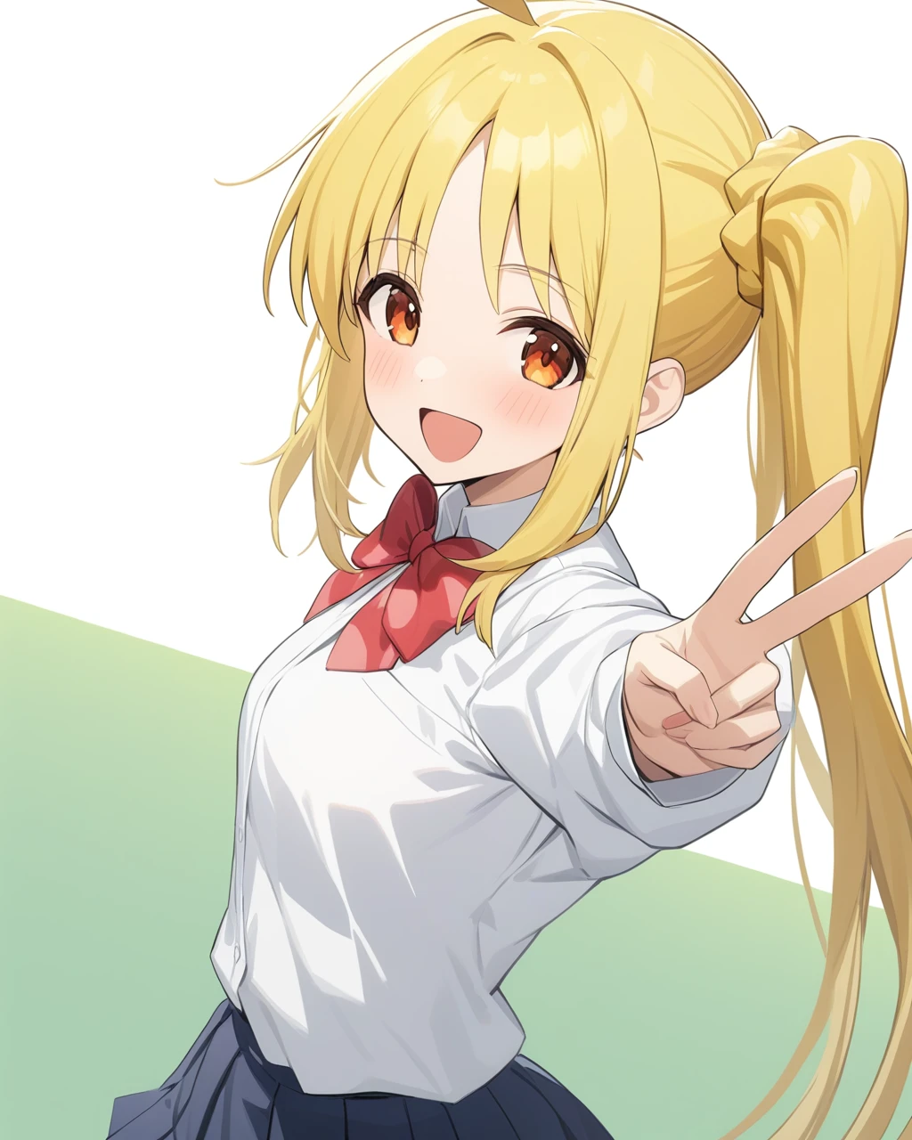 masterpiece,best quality,game cg,<lora:ijichi_nijika:1>,green_background, red_bow, bowtie, v, side_ponytail, smile, shimokitazawa_high_school_uniform, bow, 1girl, :d, white_shirt, white_background, solo, looking_at_viewer, bocchi_the_rock!, school_uniform, blush, long_sleeves, two-tone_background, skirt, pleated_skirt, sidelocks, happy, blue_skirt, ijichi_nijika, ahoge, shirt, open_mouth