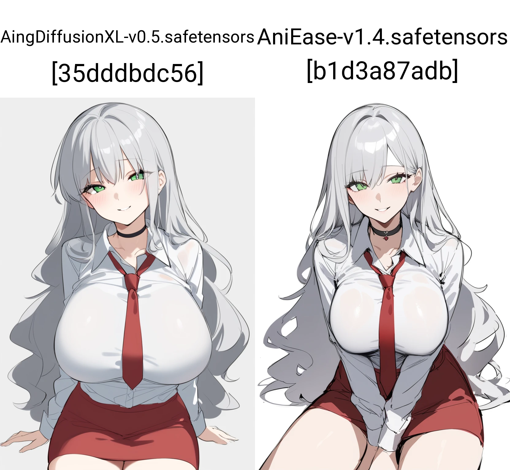 1girl, solo, 
long hair, wavy hair, silver hair, green eyes, large breasts, white shirt, collared shirt, seductive smile, choker, red necktie, red miniskirt, 
white background, simple background, sketch, 
masterpiece, best quality,