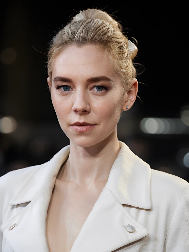 raw photo of vnk,blonde hair bun,(close-up),white jacket,(night:1.2),city street,dof,volumetric lighting,masterpiece,extremely detailed,cinematic