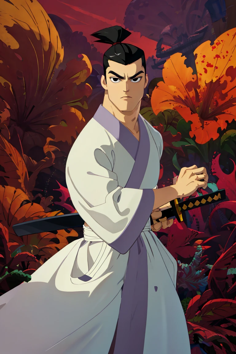 (1 image only),  solo male,  Samurai Jack,  Cartoon Network style,  Asian,  Japanese,  black hair,  topknot,  black eyes,  geta,  white kimono,  white sashes,  wide sleeves,  mature,  handsome,  charming,  alluring,  uperfect anatomy,  perfect proportions,  (best quality,  masterpiece),  perfect hands,  high_resolution,  dutch angle,  cowboy shot,  fine art,  (2d,  flat),  (single placket),  fighting_stance,  holding sword, battoujutsu,<lora:EMS-301679-EMS:0.700000>,<lora:EMS-278047-EMS:1.000000>