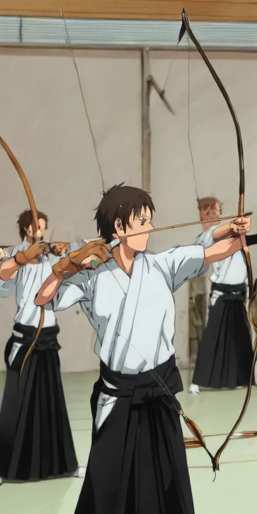 hikiwake, brown hair,black hair,gloves,1boy,holding,ponytail,weapon,male focus,japanese clothes,multiple boys,2boys,kimono,holding weapon,hair over one eye,single glove,bow (weapon),partially fingerless gloves,arrow (projectile),muneate,holding bow (weapon),aiming,yugake,holding arrow,drawing bow,archery,kyuudou<lora:Kyudo:1>