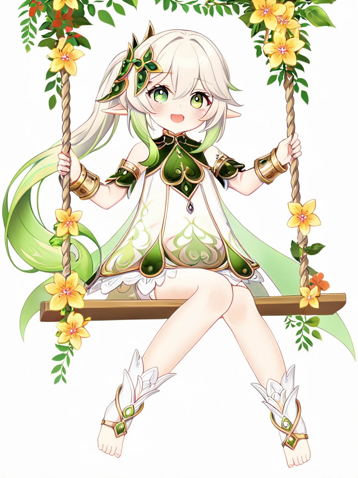 a young girl Nahida (genshin impact) with long, pale blonde hair and green eyes. She is wearing a white dress with a green sash. She is sitting on a swing in a forest, and there are flowers and plants all around her. The girl is smiling and looks happy. The camera angle is from below, and the girl is in the center of the frame. The background is blurred, and the girl is the only thing in focus