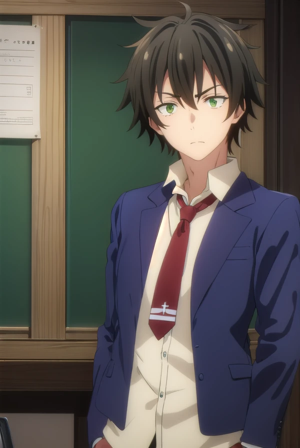 fudounomura, <lora:fudou nomura s1-lora-nochekaiser:1>,
fudou nomura, black hair, male focus, (green eyes:1.3), 
BREAK school uniform, jacket, necktie, pants, blazer, red necktie, shirt, white shirt, collared shirt,
BREAK indoors, classroom,
BREAK looking at viewer, (cowboy shot:1.5),
BREAK <lyco:GoodHands-beta2:1>, (masterpiece:1.2), best quality, high resolution, unity 8k wallpaper, (illustration:0.8), (beautiful detailed eyes:1.6), extremely detailed face, perfect lighting, extremely detailed CG, (perfect hands, perfect anatomy),