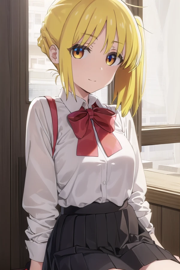nijikaijichi, <lora:nijika ijichi s1-lora-nochekaiser:1>, 
nijika ijichi, ahoge, (yellow hair:1.5), (brown eyes:1.5), long hair, side ponytail, smile,
BREAK (black skirt:1.5), bow, bowtie, collared shirt, pleated skirt, polka dot, polka dot bow, red bow, (red bowtie:1.5), red footwear, shirt, shoes, short sleeves, skirt, socks, (white shirt:1.5), white socks,
BREAK indoors, classroom,
BREAK looking at viewer, (cowboy shot:1.5), 
BREAK <lyco:GoodHands-beta2:1>, (masterpiece:1.2), best quality, high resolution, unity 8k wallpaper, (illustration:0.8), (beautiful detailed eyes:1.6), extremely detailed face, perfect lighting, extremely detailed CG, (perfect hands, perfect anatomy),