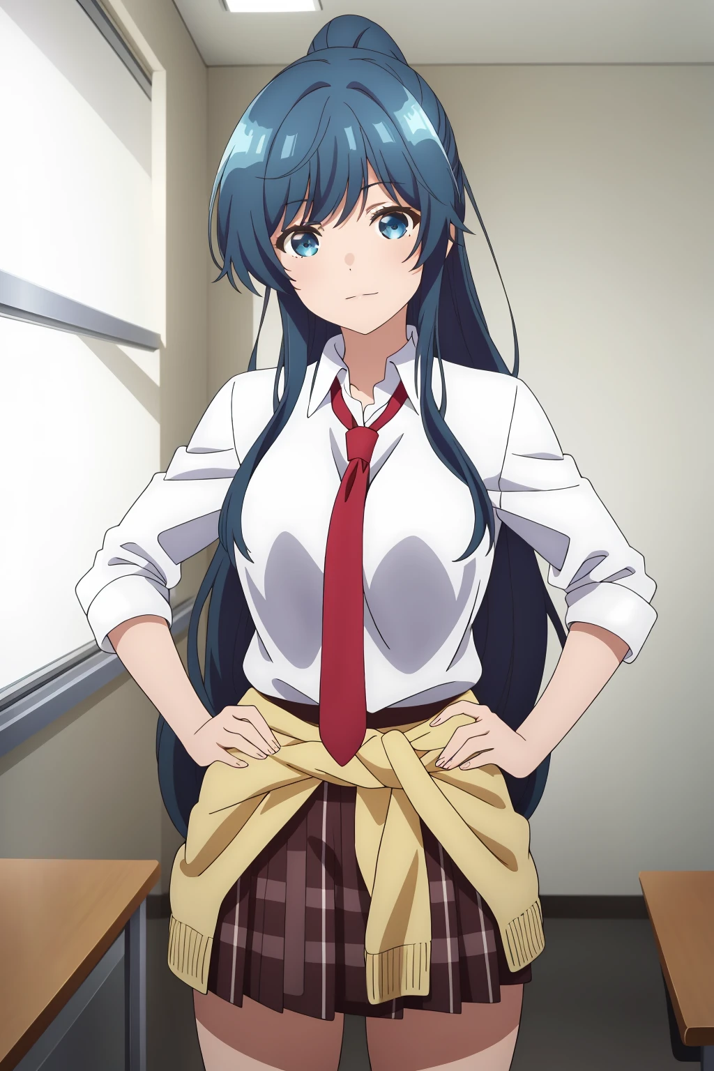 ((best quality)),((highly detailed)),masterpiece,absurdres,detailed face,beautiful face,(detailed eyes, deep eyes),1girl,((dynamic pose)) , <lora:minamiV1:0.8>Minami, solo, necktie, clothes around waist, school uniform, long hair, blue eyes, skirt, ponytail, blue hair, sweater around waist, shirt, looking at viewer, plaid skirt, red necktie, plaid, white shirt, classroom, sleeves rolled up, jacket around waist, pleated skirt, indoors, very long hair, cowboy shot, standing, closed mouth, brown skirt, bangs