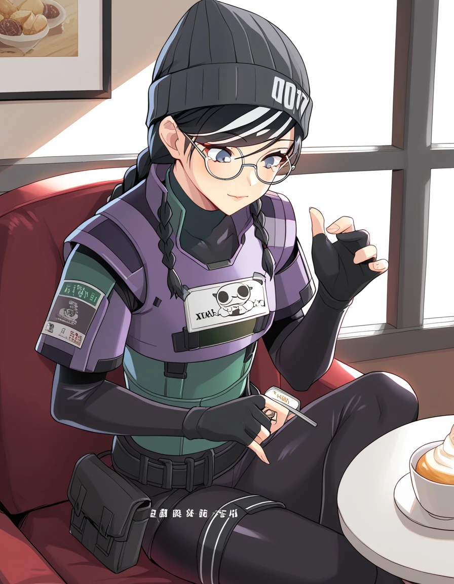 score_9, score_8, score_7, source_anime,
<lora:siege-quad-ponyxl-000015:1>
dokkaebi, dkdef, round eyewear, beanie, fingerless gloves, bodysuit, body armor,
1girl, solo, cafe, relaxing