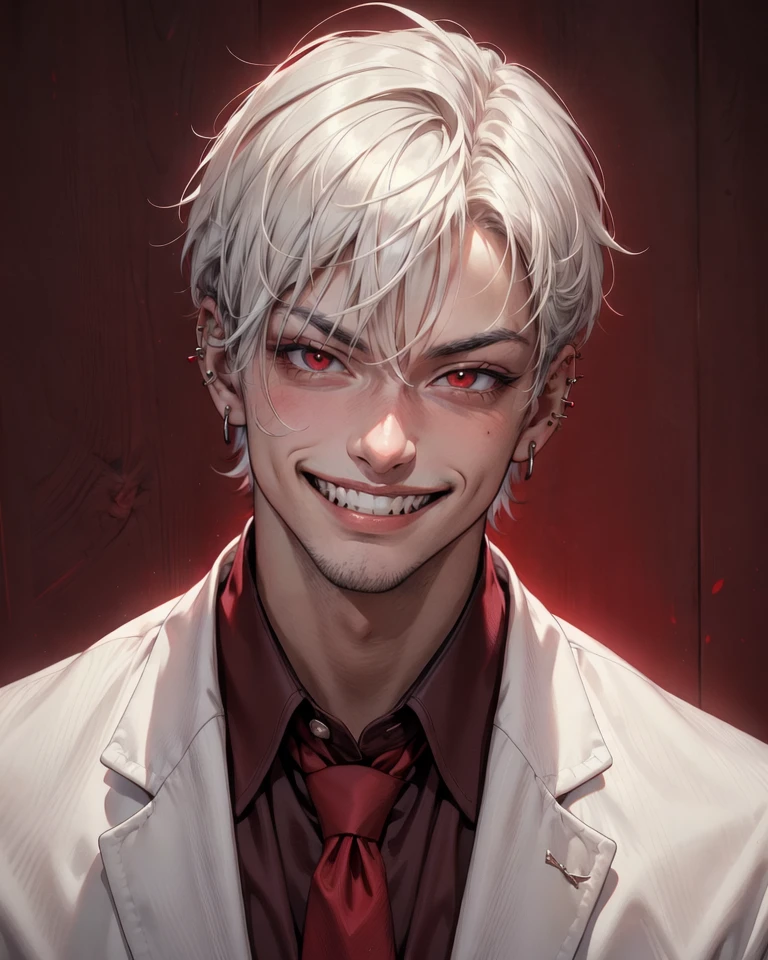 dutch angle, cinematic lighting, view from above, <lora:RStyleV4:.7> RSyle, 1boy, strong man, red eyes, (grin:1.2), (smirk), (sharp teeth:0.8), jewelry, piercing, closeup portrait, solo, short cut hair, white hair, BREAK suit, white jacket, tie, red collared shirt, (dark red background:1.2), (in style of caravaggio:.8), (masterpiece:1.2), (sharp:1.2), (qood quality:1.2), (RAW), (8K), (detailed), (photorealistic),<lora:add_detail:.7>