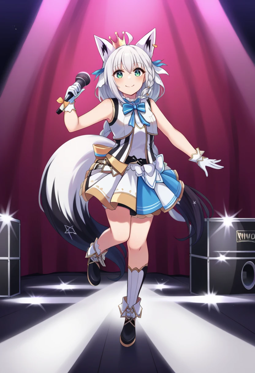 score_9 BREAK source_anime, 1girl, solo, full body, stage, concert, dynamic pose, fubukiidol, twin braids, hololive idol uniform, sleeveless, layered skirt, white gloves, mini crown, blue bowtie, bow, asymmetrical legwear, white hair, single side braid, ahoge, piercing, fox tail, pentagram, holding microphone, smile <lora:fubukiXL-10:1>