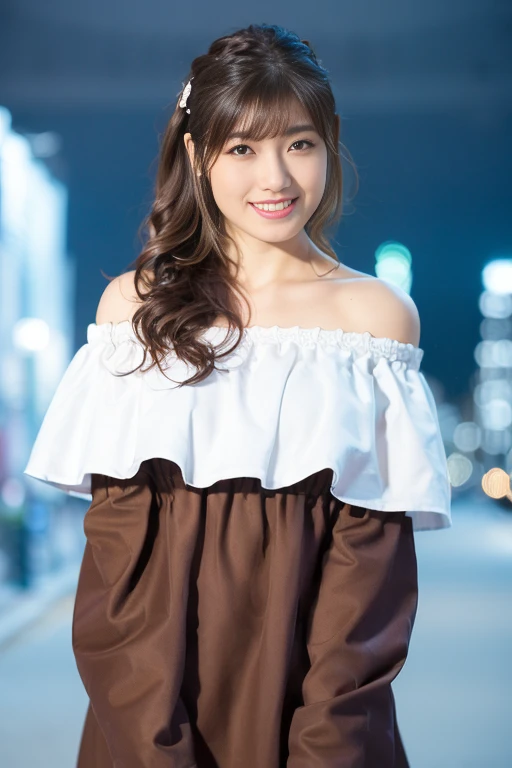 masterpiece, One girl per photo, Cowboy Shot, Looking up at the subject, Front view, Young and cute girl in Japan, Mountains in the countryside of Japan々Standing alone on a hill surrounded by, Big smile, Attractive appearance, Wearing a shiny, sleeveless, collared white satin blouse, Wearing a short light brown culottes skirt, (protruding papillae,),Behind her fireworks exploding into the night sky at the fireworks festival, Super cute face, Glossy lips, Double eyelids on both eyes, Natural Makeup, Shiny and smooth light brown long bob hair, Asymmetrical bangs, Sunburned skin, Center image, 8K resolution, High detail, Detailed hairstyle, Detailed face, Cinema Lighting, Octane Rendering, Ultra-realistic, Perfect limbs, Perfect Anatomy