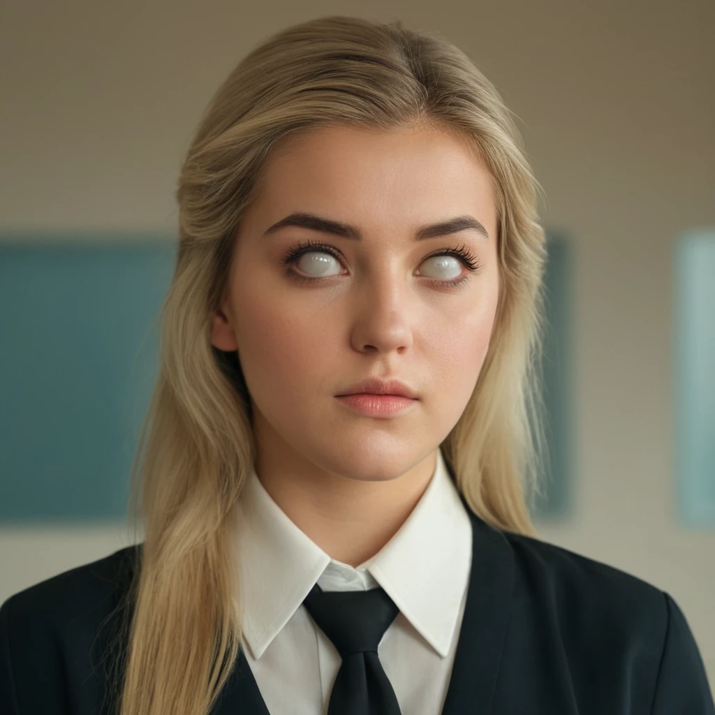 cinematic film still of <lora:white sclera:1> glowing white sclera eyes
a white eyes woman with a tie and a white shirt,1girl,solo,long hair,looking at viewe,blonde hair,shirt,closed mouth,collared shirt,blurry,lips,blurry background,portrait,realistic,nose,white eyes,no pupils white sclera, white eyes, bright eyes, hollow eyes, empty eyes, blind eyes, shallow depth of field, vignette, highly detailed, high budget, bokeh, cinemascope, moody, epic, gorgeous, film grain, grainy